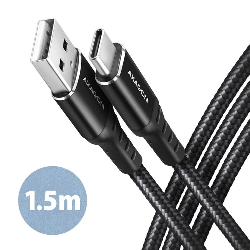 AXAGON BUCM-AM15AB, HQ kábel USB-C  USB-A, 1.5 m, USB 2.0, 3A, ALU, fonott, fekete akciós termékkép 1