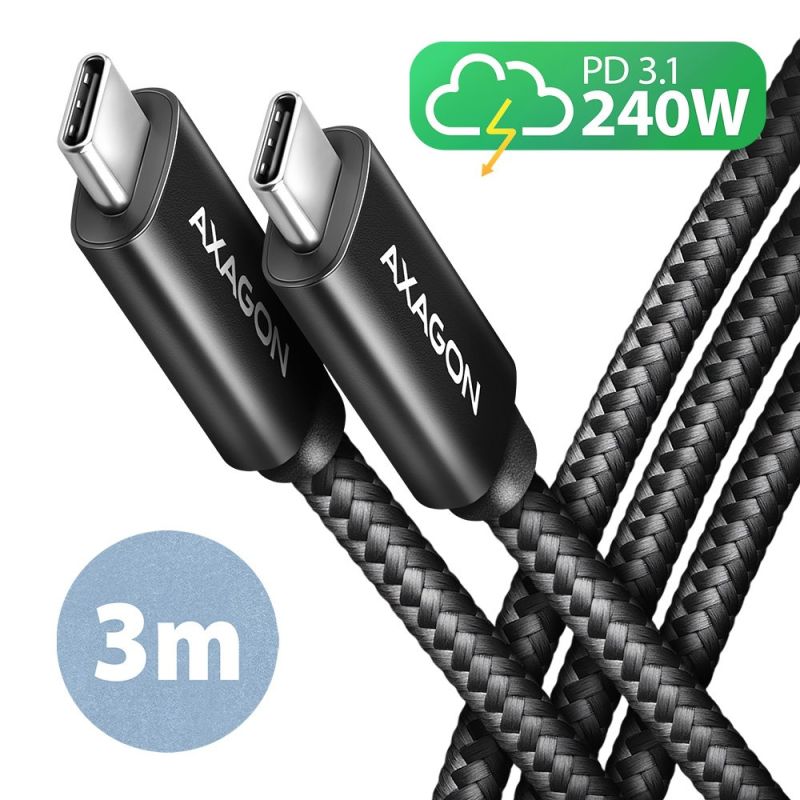 AXAGON BUCM2-CM30AB, CHARGE kábel USB-C  USB-C, 3m, Hi-Speed USB, PD 240W 5A, ALU, fonott, fekete akciós termékkép 1