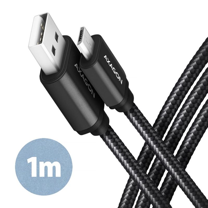 AXAGON BUMM-AM10AB, HQ kábel Micro USB  USB-A, 1 m, USB 2.0, 2,4 A, ALU, fonott, fekete akciós termékkép 1