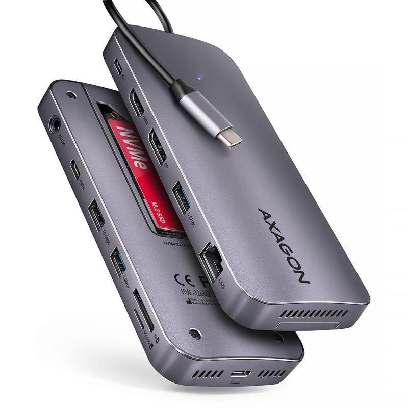 AXAGON HMC-12GM2, USB 10Gbps hub, 3x USB-A, USB-C,  HDMI, DP, RJ-45 GLAN, M.2, SD/mSD, audio, PD 100W, kábel USB-C 50cm akciós termékkép 1