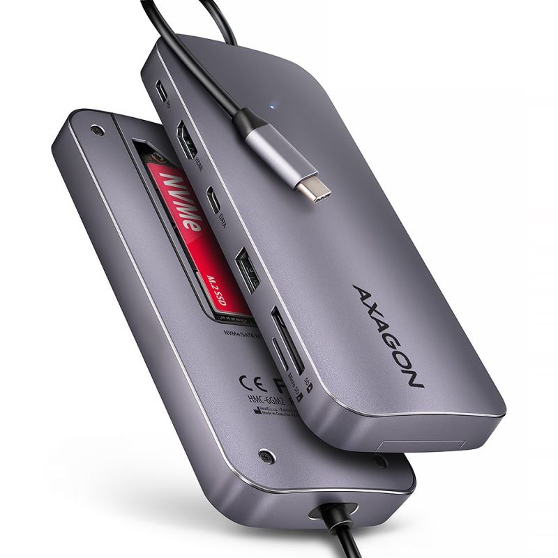 AXAGON HMC-6GM2, USB 10Gbps hub, USB-A, USB-C,  HDMI, M.2 slot, SD/MicroSD, PD 100W, kábel USB-C 20cm akciós termékkép 1