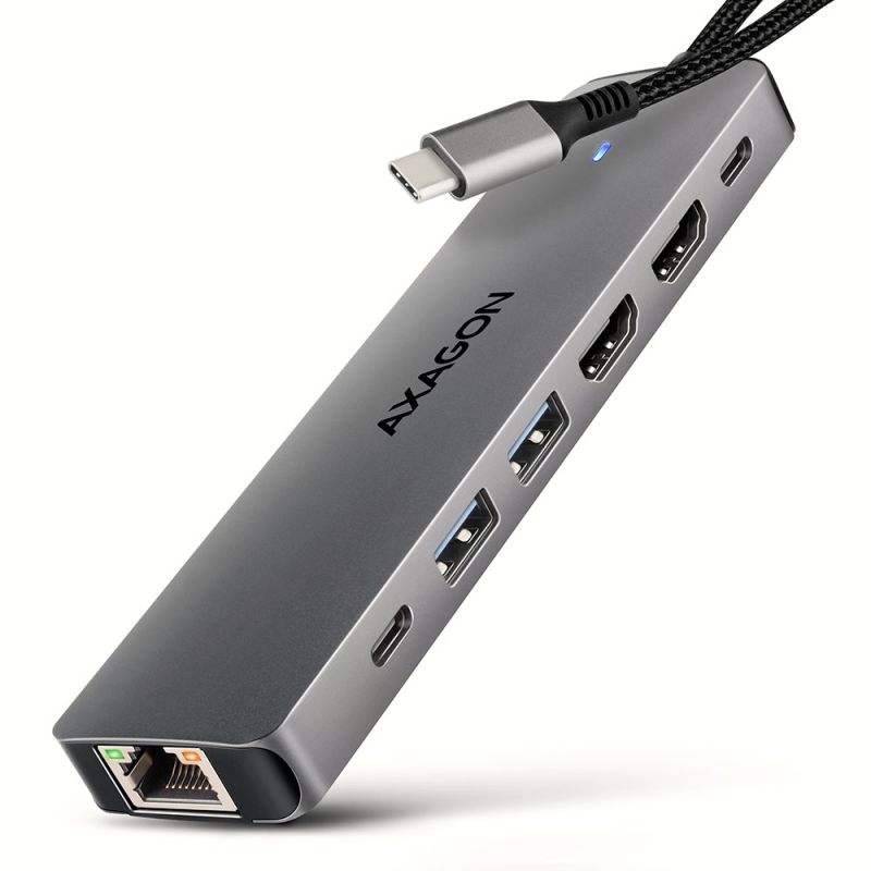 AXAGON HMC-7HX2, USB 5Gbps hub, 2x USB-A, USB-C, 2x HDMI 4k/60Hz, RJ-45 GLAN, PD 100W, kábel USB-C 15cm akciós termékkép 1