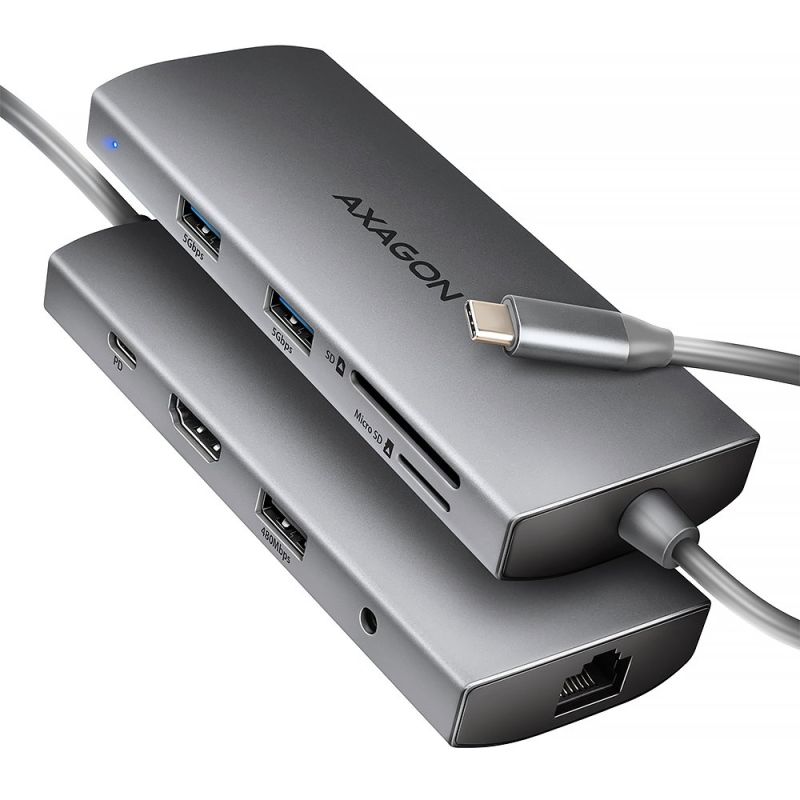 AXAGON HMC-8HLSA, USB 5Gbps hub, 3x USB-A, HDMI 4k/60Hz, RJ-45 GLAN, SD/microSD, audio, PD 100W, kábel USB-C 20cm akciós termékkép 1