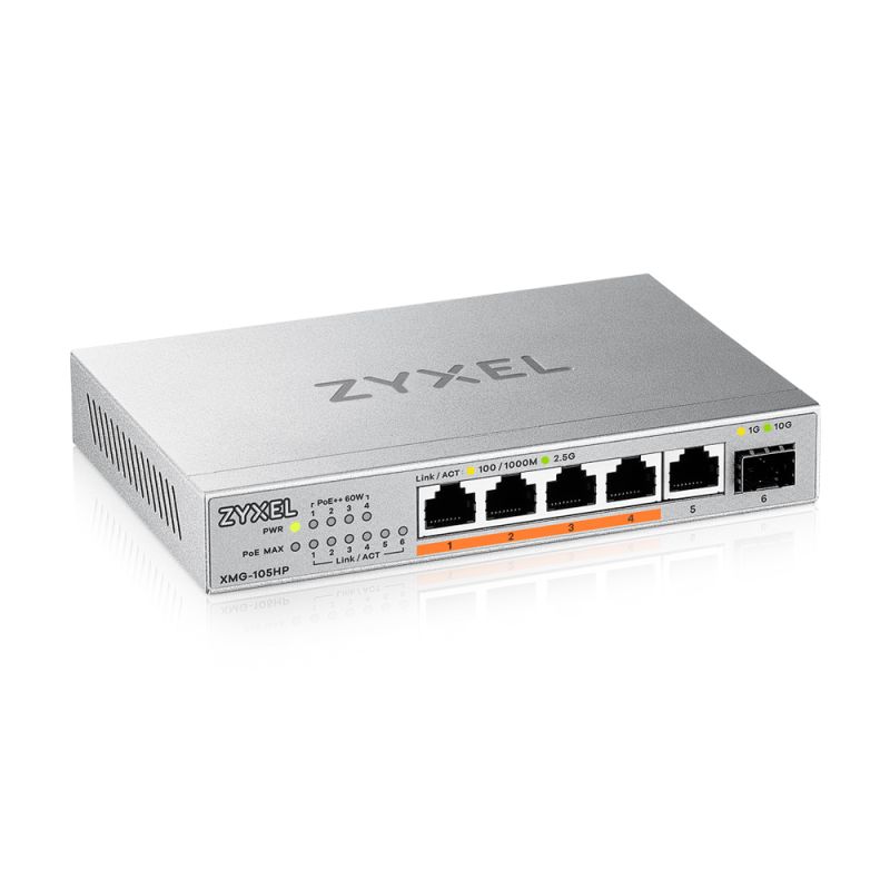 Zyxel XMG-105HP 5 Ports 2,5G + 1 SFP+, 4 ports 70W total PoE++ Desktop MultiGig unmanaged Switch akciós termékkép 1