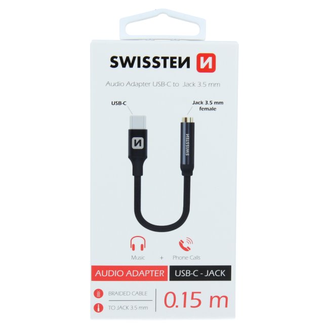Audió adapter Swissten USB-C/Jack (anya) 0.15m, fekete