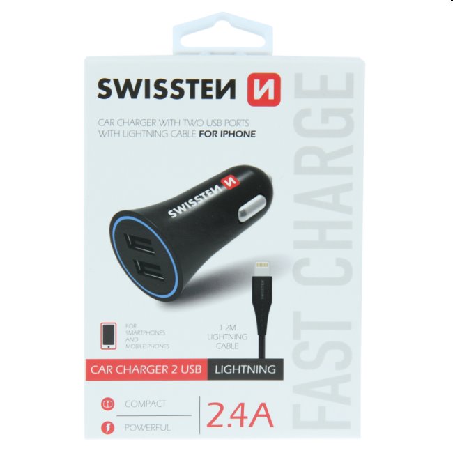 Autós töltő Swissten 2.4A  2x USB + kábel Lightning