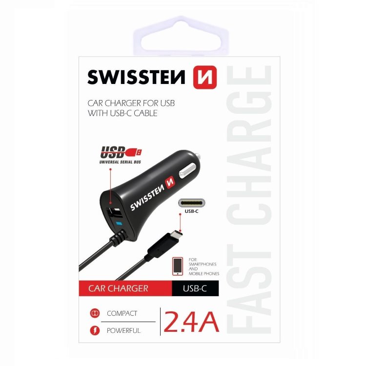 Autós töltő Swissten 2.4A beépített USB-C kábellel és USB konnektorral