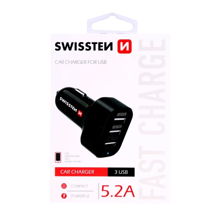 Autós töltő Swissten 5.2A 3 USB bemenettel