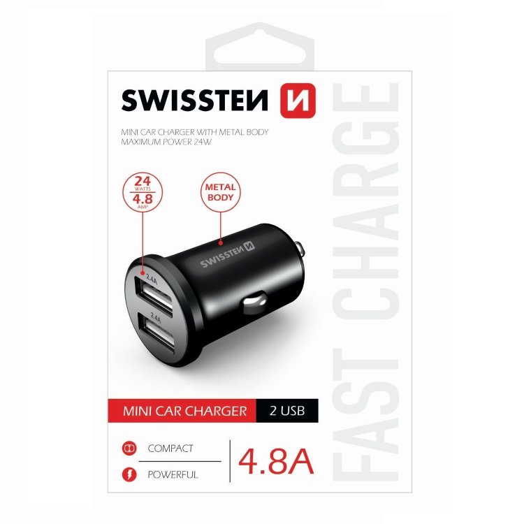 Autós töltő Swissten fém 4.8A2 USB slot, Fekete