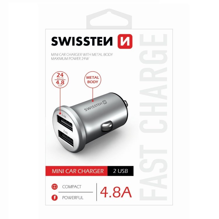 Autós töltő Swissten fém 4.8A2 USB slot, Silver