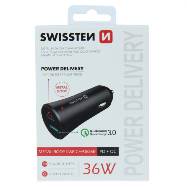 Autós töltő Swissten Power Delivery USB-C + Qualcomm 3.0 támogatással, 36W, matt fekete
