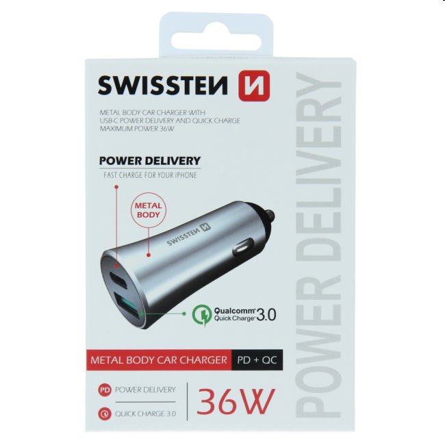 Autós töltő Swissten Power Delivery USB-C + Qualcomm 3.0 támogatással, 36W, matt ezüst