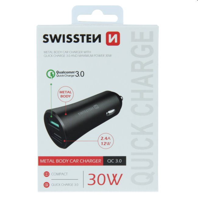 Autós töltő SwisstenQualcomm Quick Charge 3.0 támogatással, 30W, matt fekete