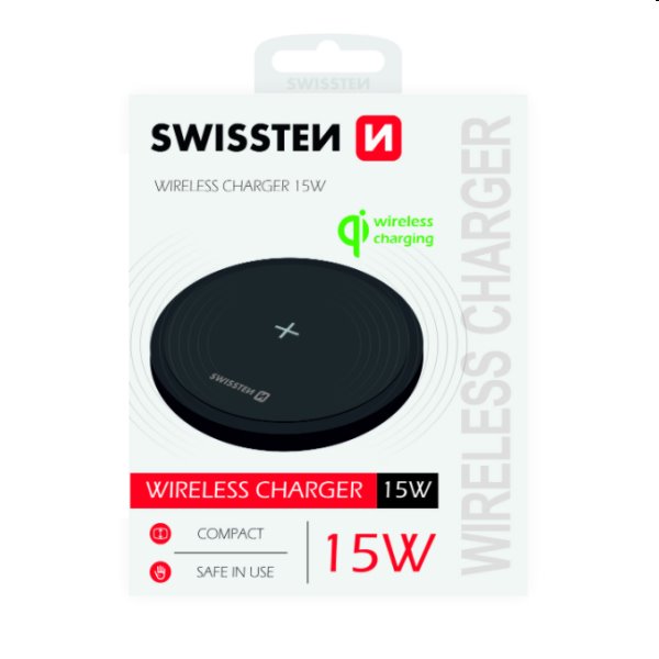Vezeték nélküli töltő Swissten 15W, fekete Vezeték nélküli töltő Swissten 15W, fekete