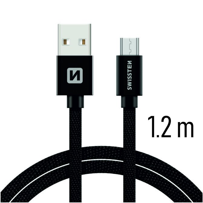Adatkábel Swissten textilMicro-USB konnektorral és gyorstöltés támogatással 1,2 m, fekete