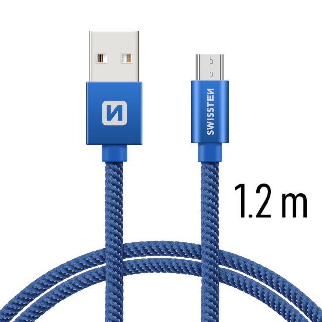 Adatkábel Swissten textil Micro-USB konnektorral, gyorstöltés támogatással, kék