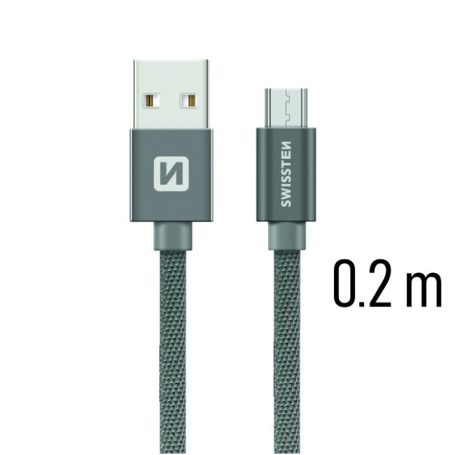 Adatkábel Swissten textilMicro-USB konnektorral és gyorstöltés támogatással 0,2 m, szürke