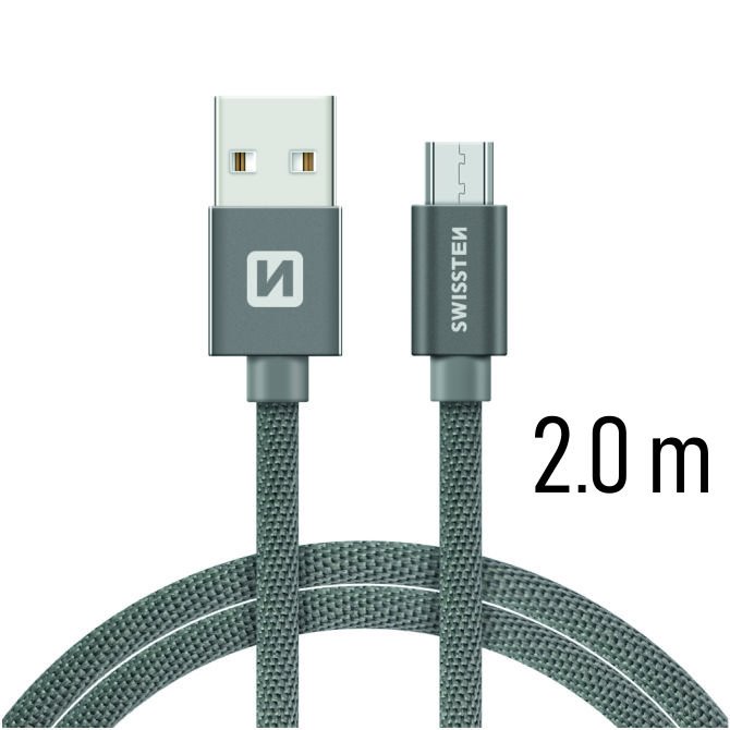 Adatkábel Swissten textilMicro-USB konnektorral és gyorstöltés támogatással 2 m, szürke