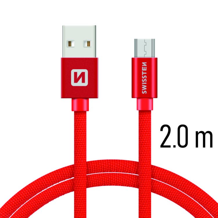 Adatkábel Swissten textilMicro-USB konnektorral és gyorstöltés támogatással 2 m, piros