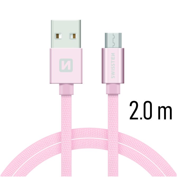 Adatkábel Swissten textilMicro-USB konnektorral és gyorstöltés támogatással 2 m, arany-rózsaszín