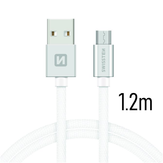 Adatkábel Swissten textilMicro-USB konnektorral és gyorstöltés támogatással 1,2 m, ezüst