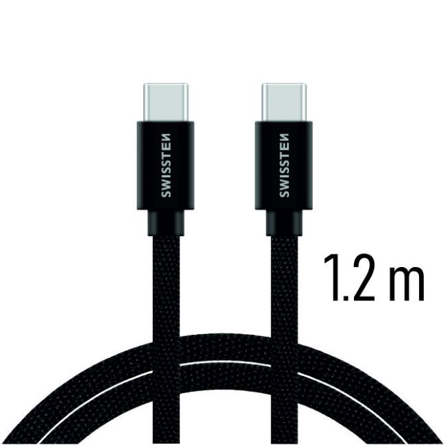 Adatkábel Swissten textil s USB-C konnektorral és gyorstöltés támogatással 1,2 m, fekete