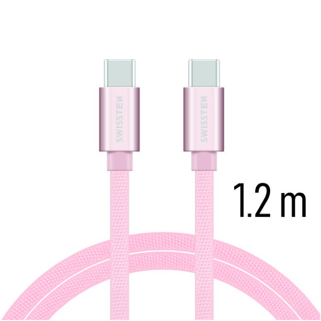Adatkábel Swissten textil USB-C konnektorral és gyorstöltés támogatással 1,2 m, arany-rózsaszín