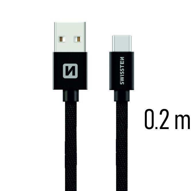 Swissten textil adatkábel USB-C konnektorral gyorstöltéssel, Fekete
