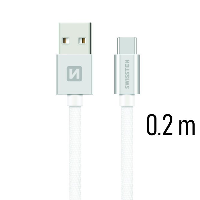 Adatkábel Swissten textil s USB-C konnektorral gyorstöltéssel, Silver