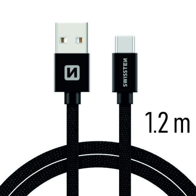 Adatkábel Swissten textil USB-C konnektorral és gyorstöltés támogatással 1,2 m, fekete