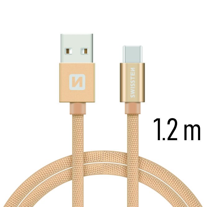 Adatkábel Swissten textil USB-C konnektorral gyorstöltéssel, Gold