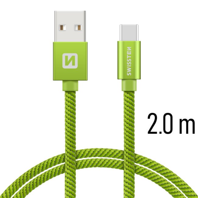 Swissten textil adatkábel USB-C konnektorral, gyorstöltés támogatással, zöld
