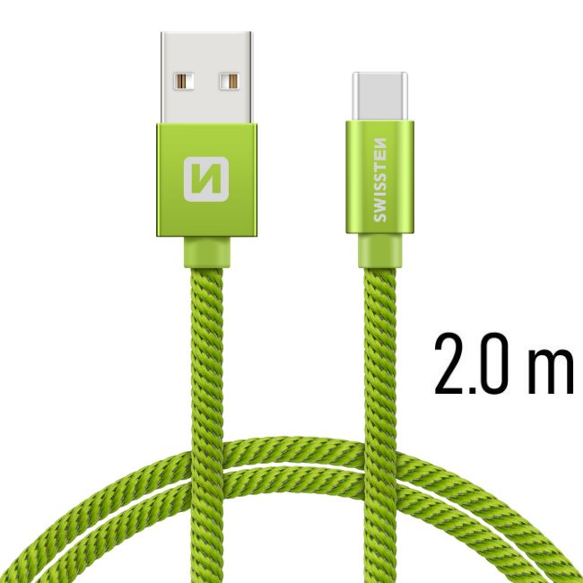 Swissten textil adatkábel USB-C konnektorral, gyorstöltés támogatással, zöld Swissten textil adatkábel USB-C konnektorral, gyorstöltés támogatással, zöld