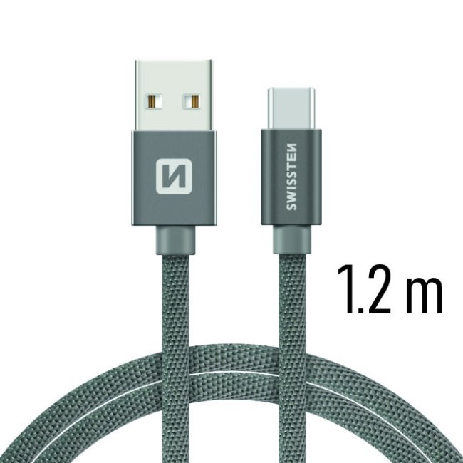 Adatkábel Swissten textil USB-C konnektorral és gyorstöltés támogatással 1,2 m, szürke Adatkábel Swissten textil USB-C konnektorral és gyorstöltés támogatással 1,2 m, szürke