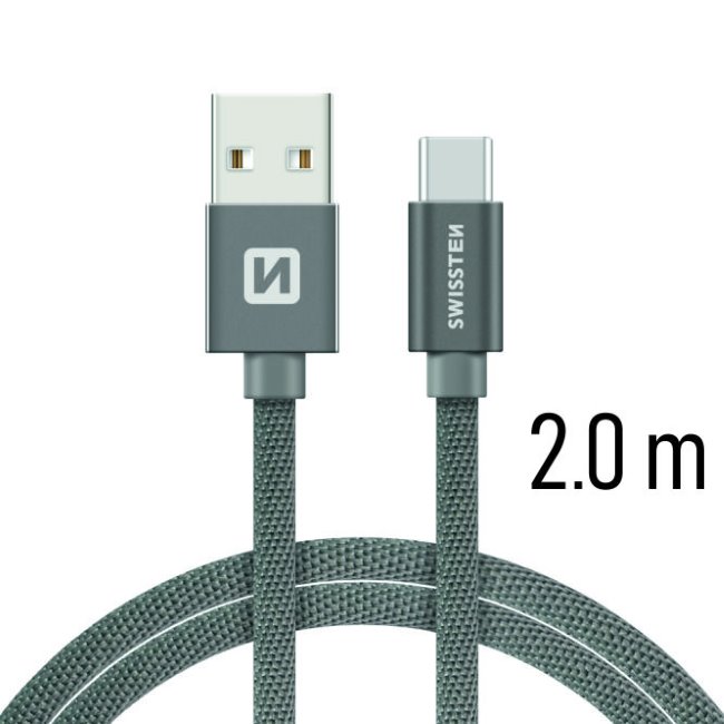 Adatkábel Swissten textil USB-C konnektorral és gyorstöltés támogatással 2 m, szürke