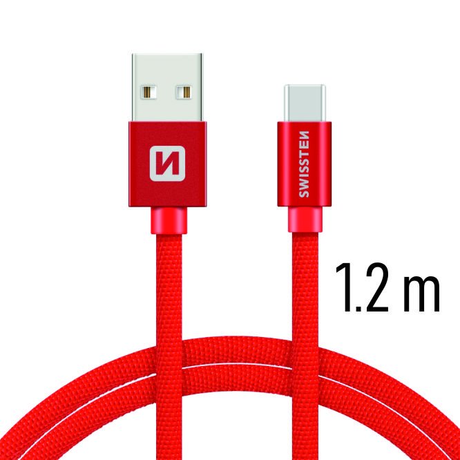 Swissten textil adatkábel USB-C konnektorral gyorstöltéssel, piros