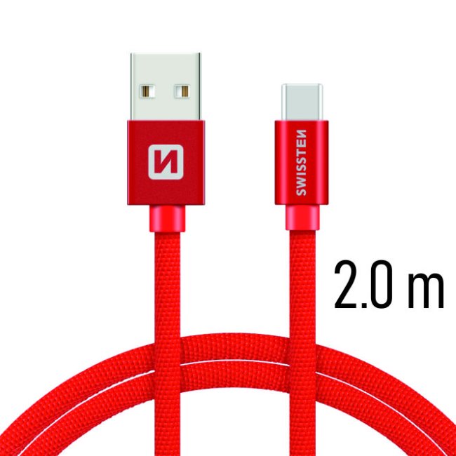 Adatkábel Swissten textil USB-C konnektorral és gyorstöltés támogatással 2 m, piros