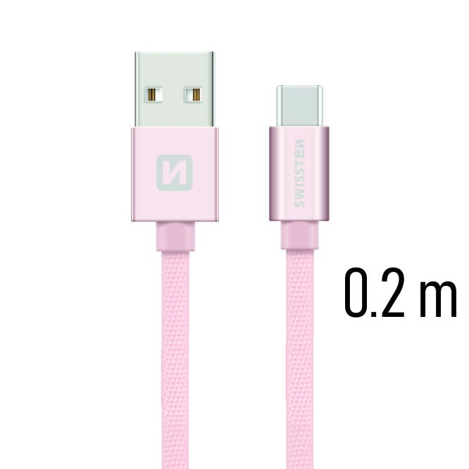 Adatkábel Swissten textil s USB-C konnektorral gyorstöltéssel, Rose Gold