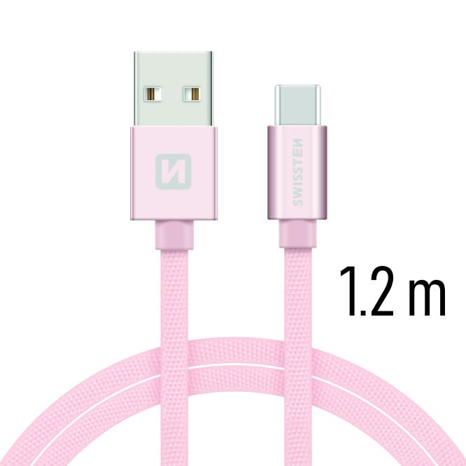 Adatkábel Swissten textil USB-C konnektorral gyorstöltéssel, Rose Gold
