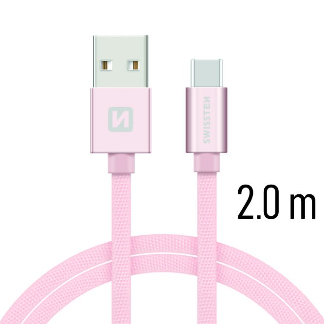 Adatkábel Swissten textil USB-C konnektorral és gyorstöltés támogatással 2 m, arany-rózsaszín