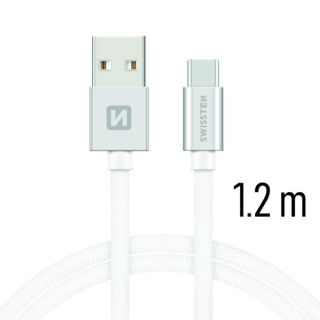 Adatkábel Swissten textil USB-C konnektorral és gyorstöltés támogatással 1,2 m, ezüst