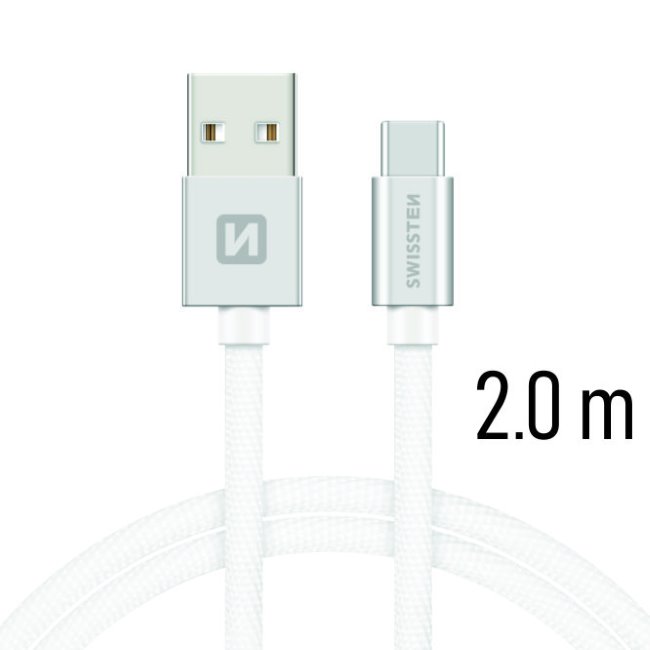 Adatkábel Swissten textil USB-C konnektorral és gyorstöltés támogatással 2 m, ezüst