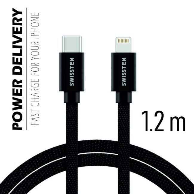 Swissten textil adatkábel USB-C + Lightning konnektorral és gyorstöltés támogatással 1,2 m, fekete