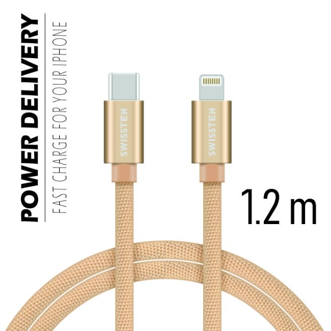Adatkábel Swissten textil s USB-C + Lightning konnektorral és gyorstöltés támogatással 1,2 m, arany