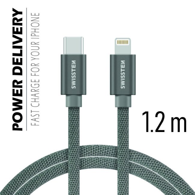 Adatkábel Swissten textil s USB-C + Lightning konnektorral és gyorstöltés támogatással 1,2 m, szürke