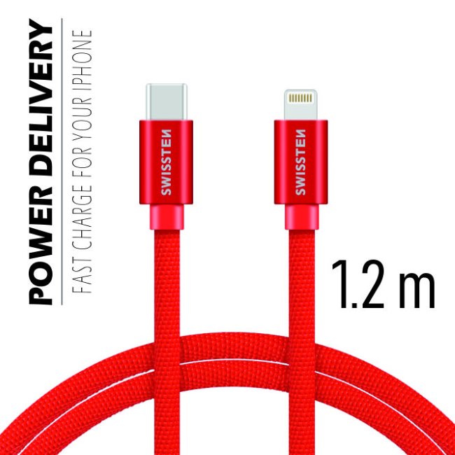 Adatkábel Swissten textil s USB-C + Lightning konnektorral és gyorstöltés támogatással 1,2 m, piros