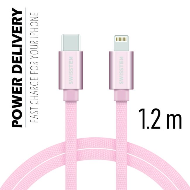Adatkábel Swissten textil s USB-C + Lightning konnektorral és gyorstöltés támogatással 1,2 m, arany-rózsaszín