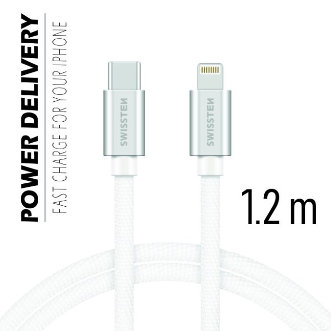 Adatkábel Swissten textil s USB-C + Lightning konnektorral és gyorstöltés támogatással 1,2 m, ezüst