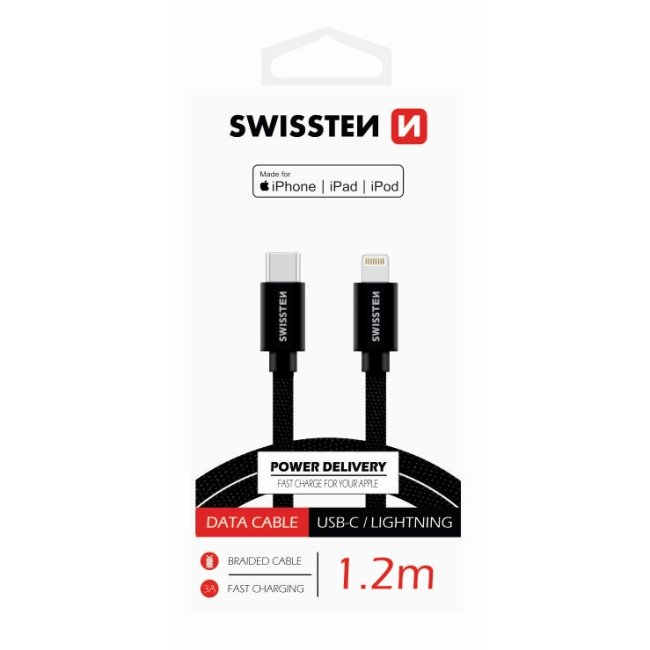 Adatkábel Swissten textil USB-C / Lightning MFi 1,2 M és gyorstöltés támogatással, fekete