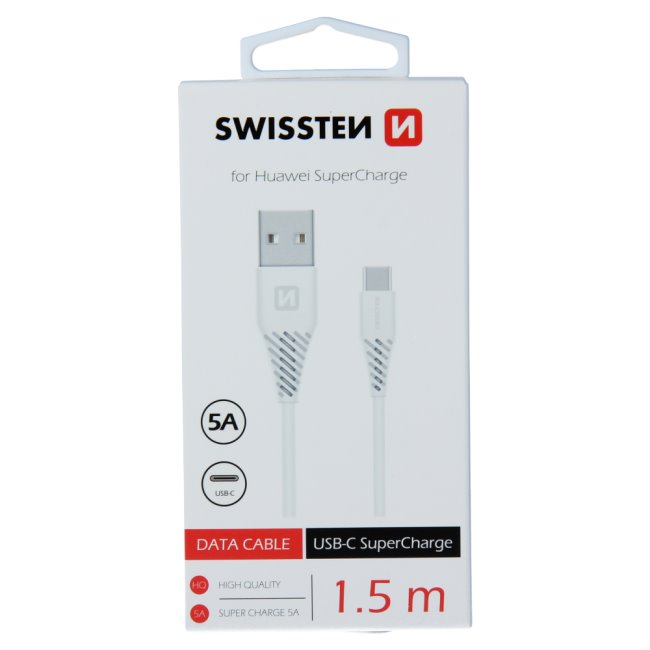 Adatkábel Swissten USB / USB-C 1,5 M és szupergyors töltés támogatással 5A, fehér